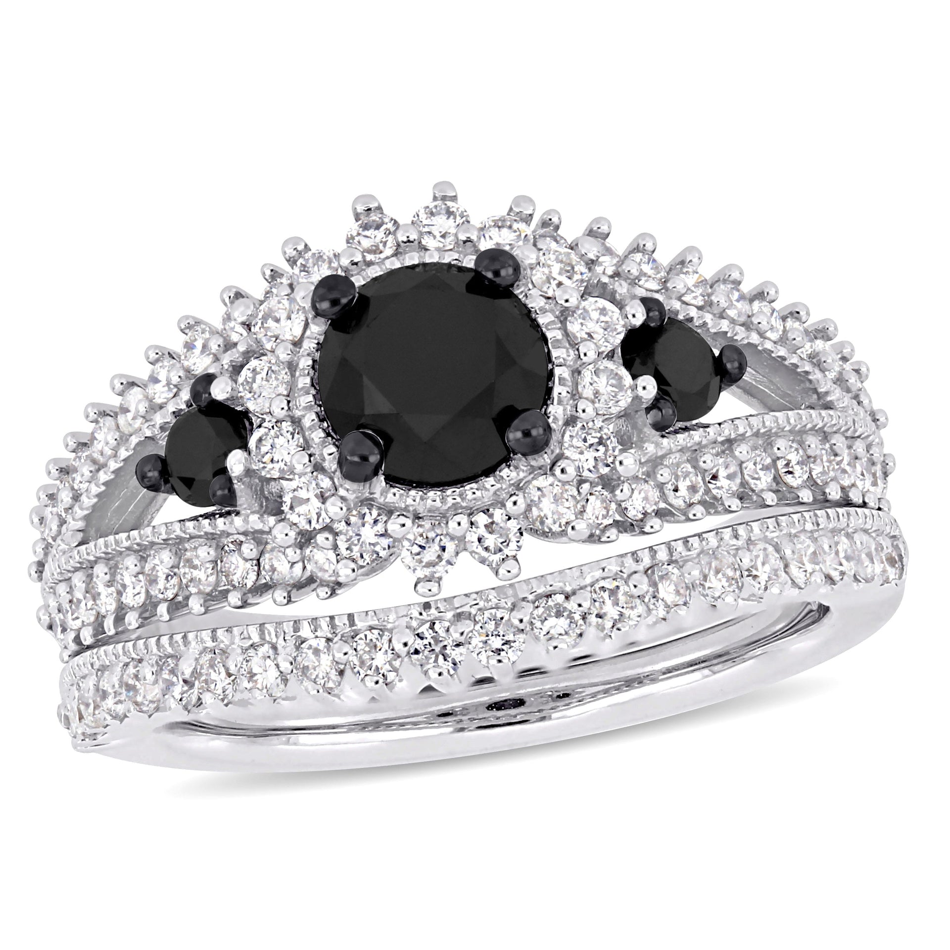 Mimi & Max 2ct TW Black White Diamond 2-piece Halo Bridal Ring Set 10k White Gold