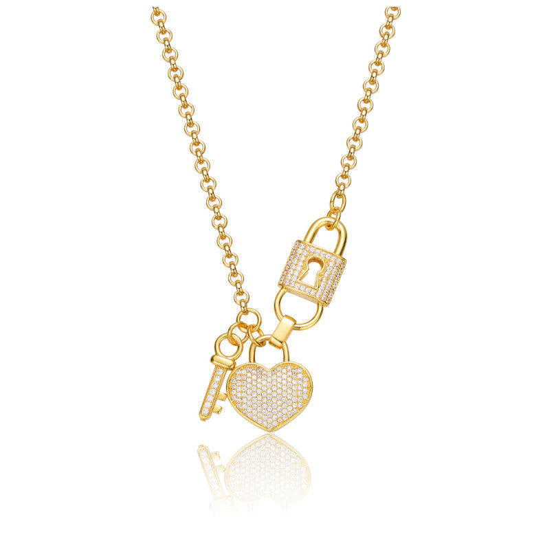 Sterling Silver 14k Gold Plated with Clear Cubic Zirconia Heart & Padlock Charm Necklace