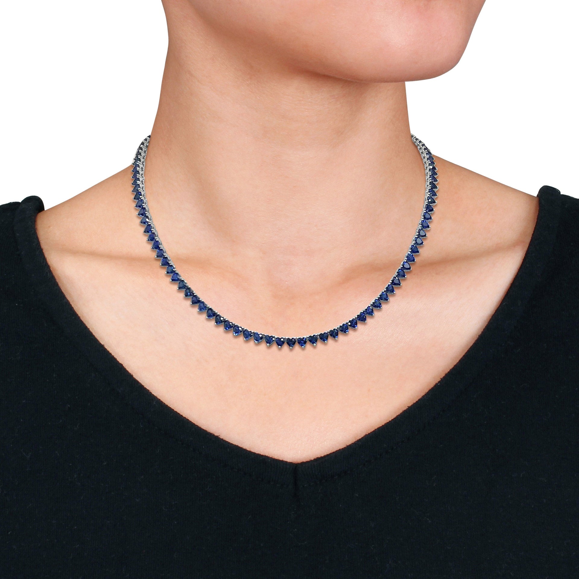Mimi & Max 31 1/5 CT TGW Heart Shape Created Blue Sapphire Tennis Necklace in Sterling Silver