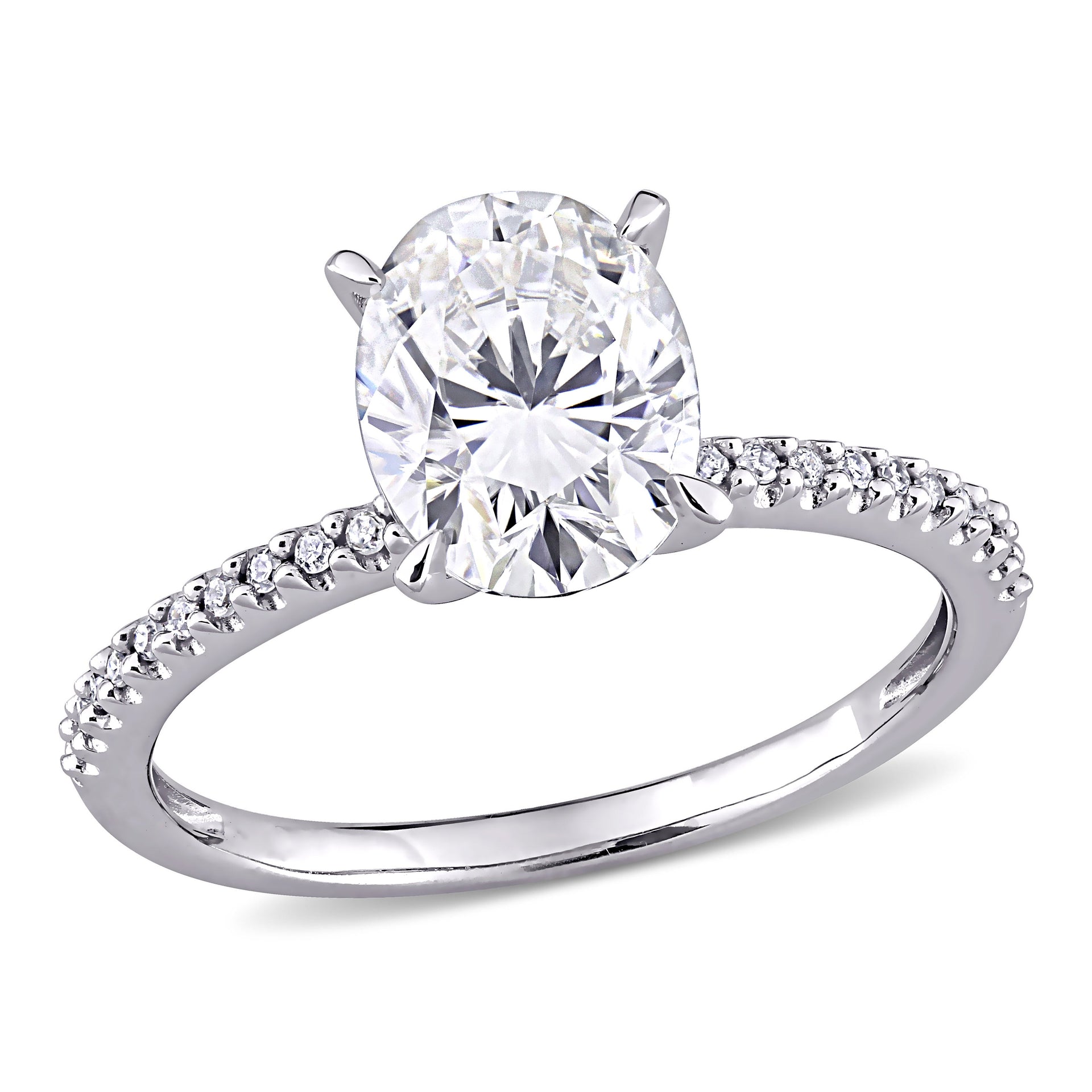Mimi & Max 2ct DEW Oval Created Moissanite and 1/10ct TW Diamond Engagement Ring in 14k White Gold