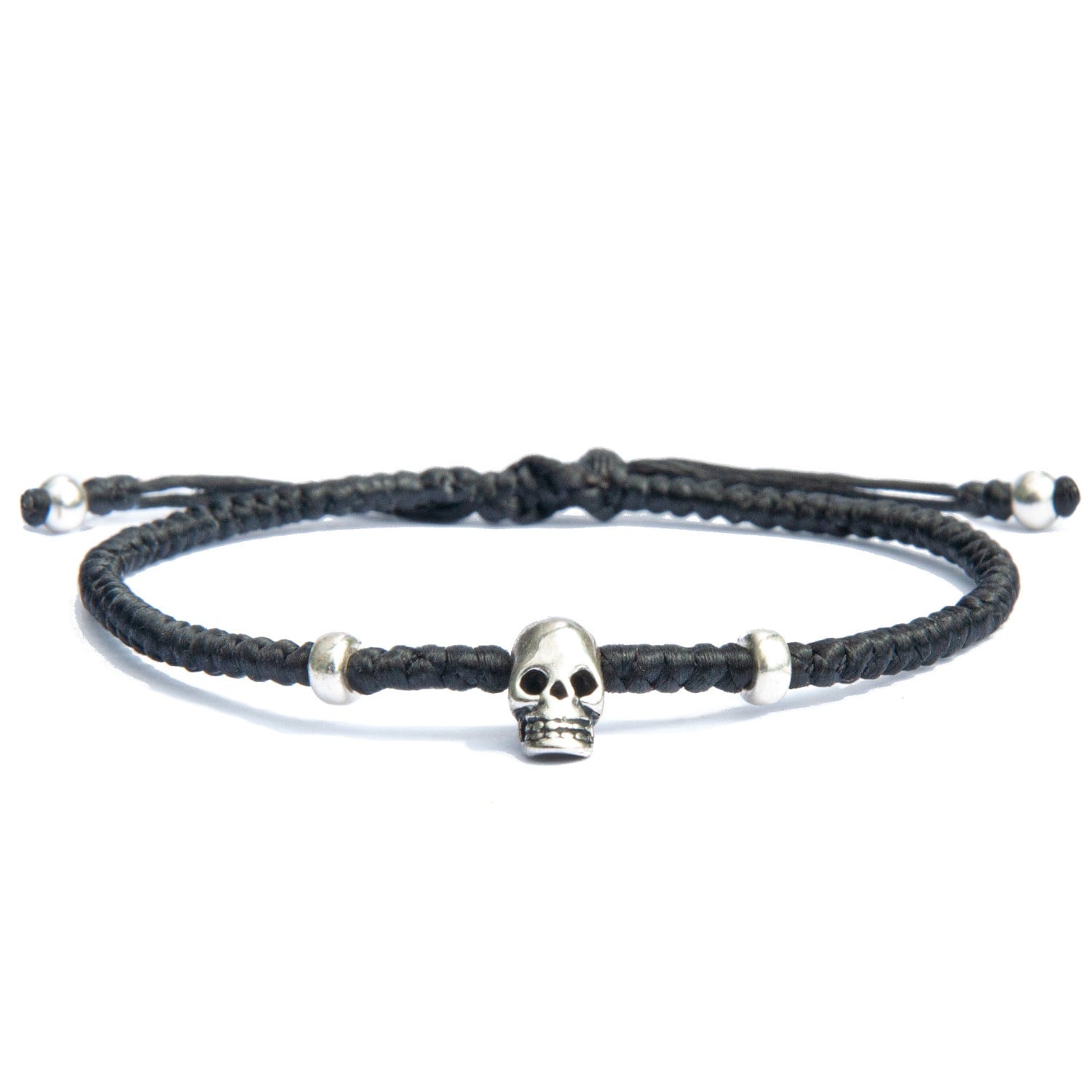 Sterling Silver & Vegan Cord Skull Black Bracelet For Women