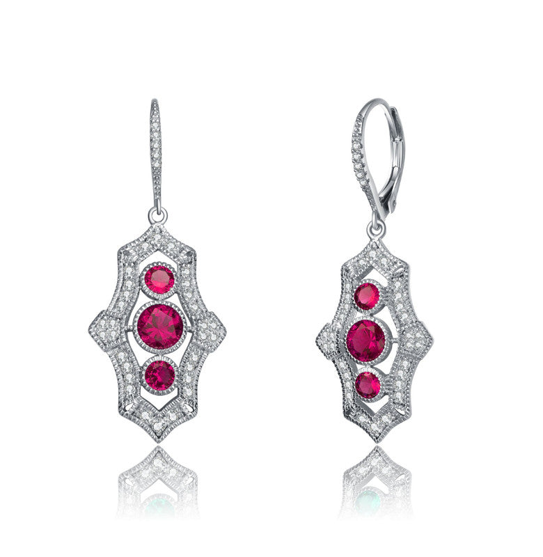 Sterling Silver White Gold Plated With Colored Cubic Zirconia Leverback Drop Earrings