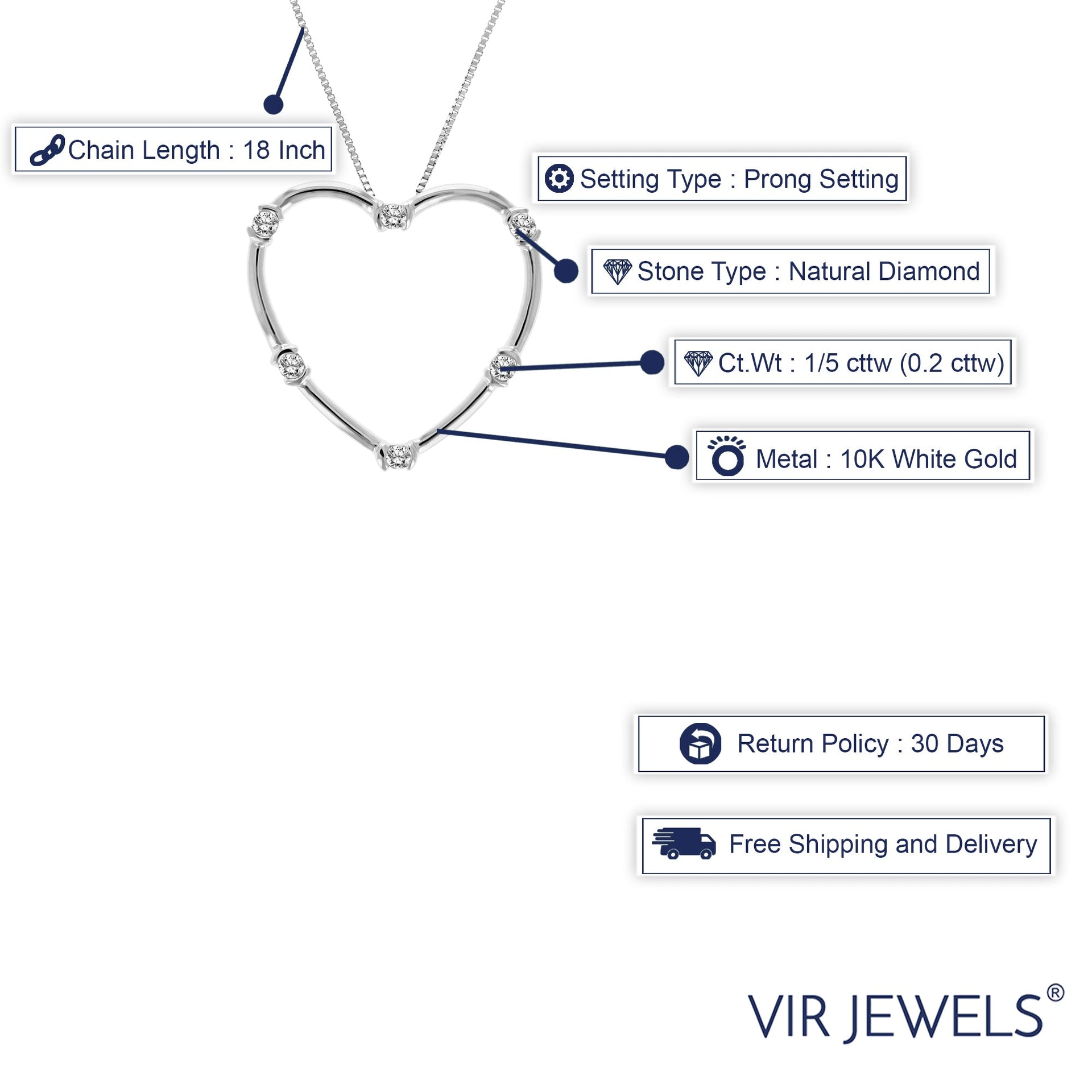 1/5 cttw Diamond Heart Pendant Necklace 10K White Gold with 18 Inch Chain