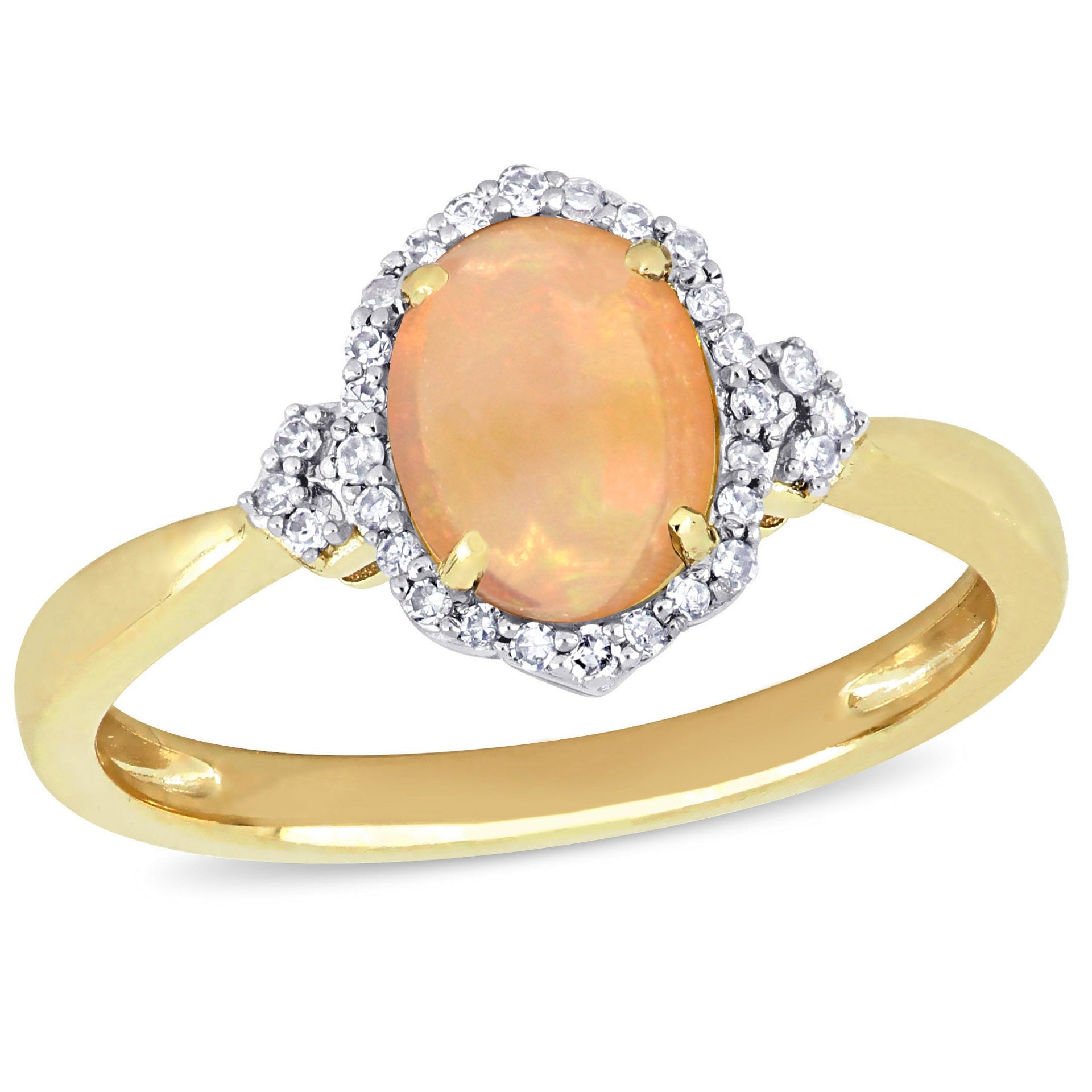 3/4 CT TGW Ethiopian Opal and Diamond Halo Ring in 10K Yellow Gold
