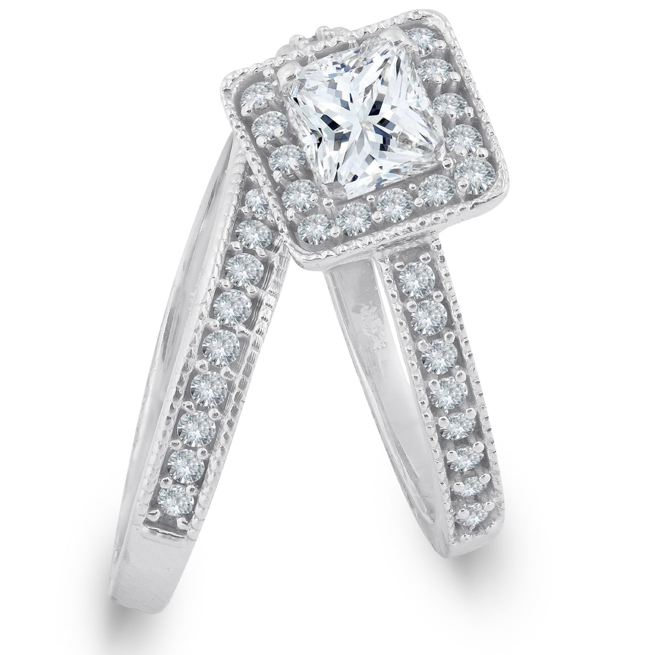 1ct Princess Cut Halo Diamond Engagement Wedding Ring Set 14K White Gold