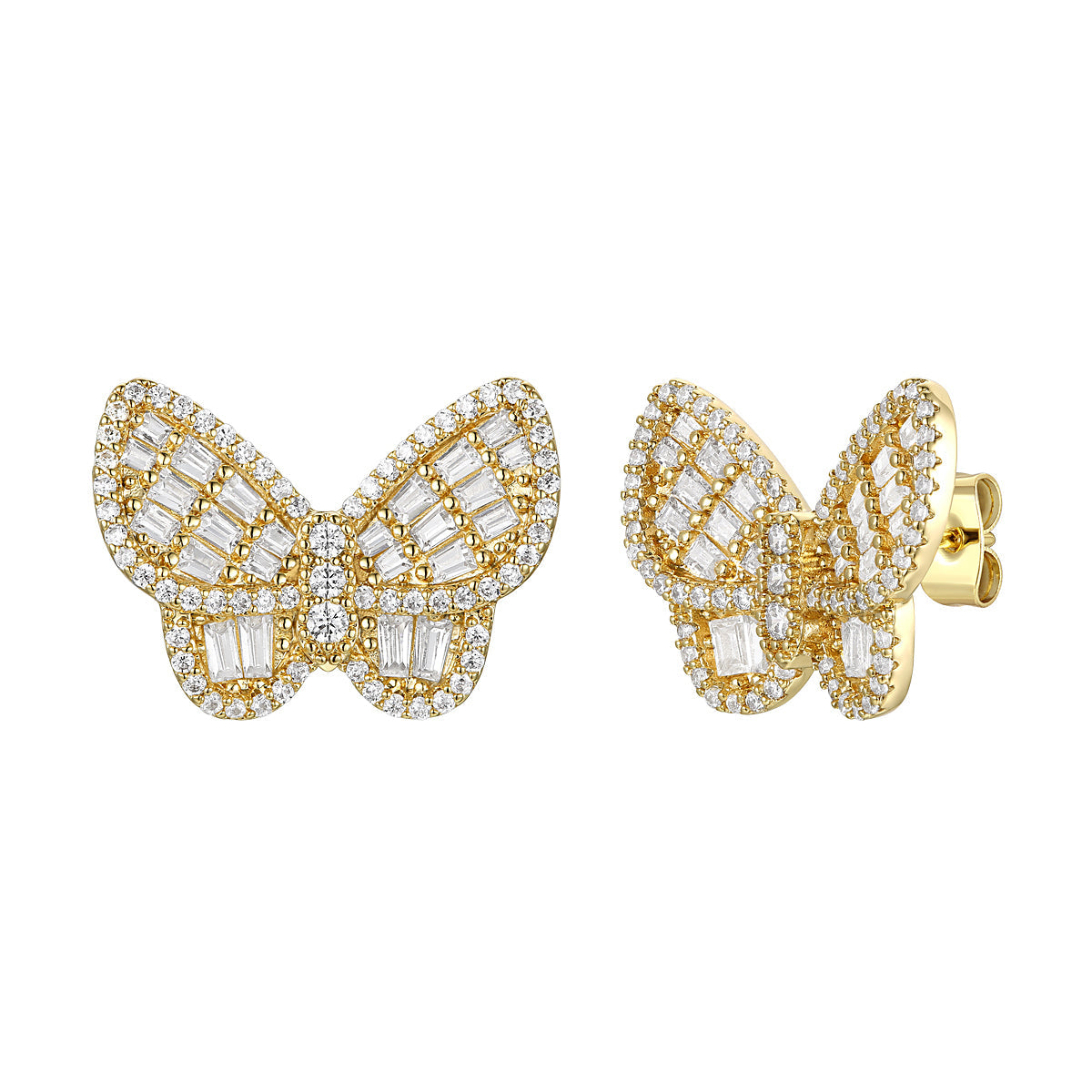 Rg 14k Gold Plated Diamond Cubic Zirconia Clusters Butterfly Stud Earrings