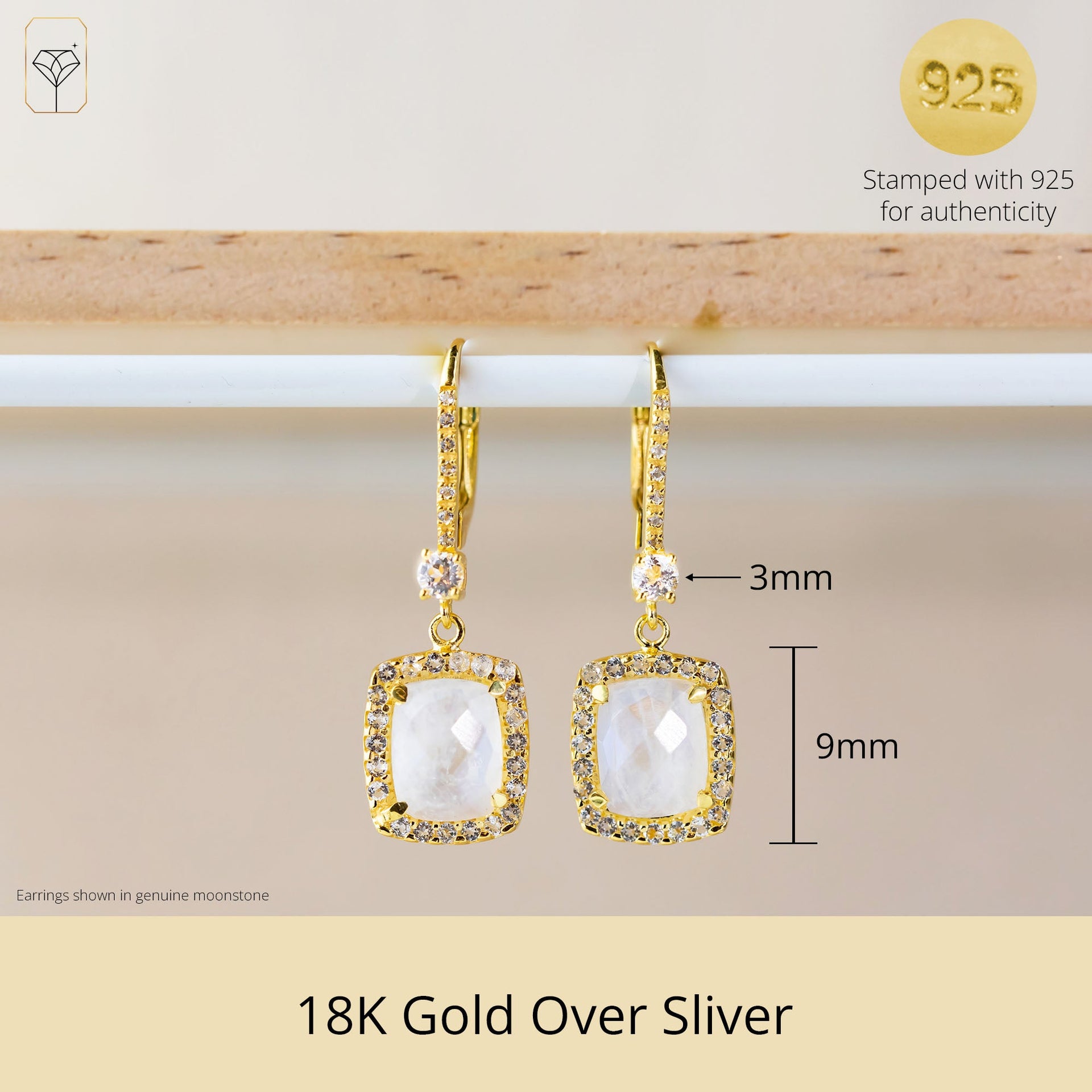 18K Gold Plated Genuine Moonstone Cushion Cut Dangle Drop Earrings With White Topaz Accents