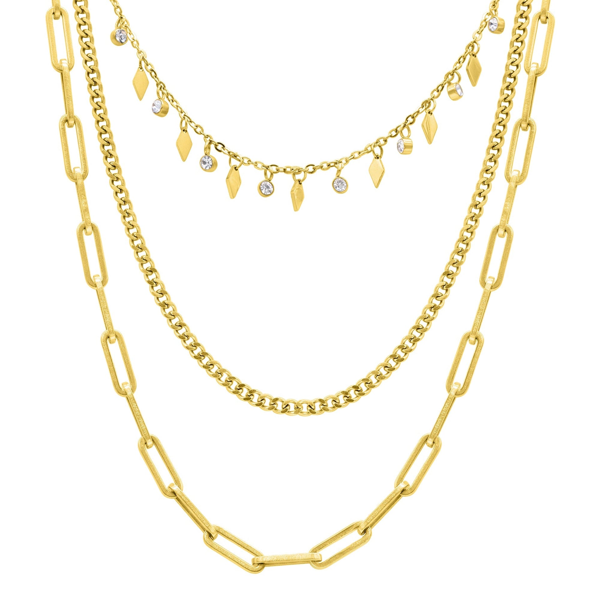 14k Gold Plated Paperclip, Curb, and Dangle Diamond Chain Necklace Set