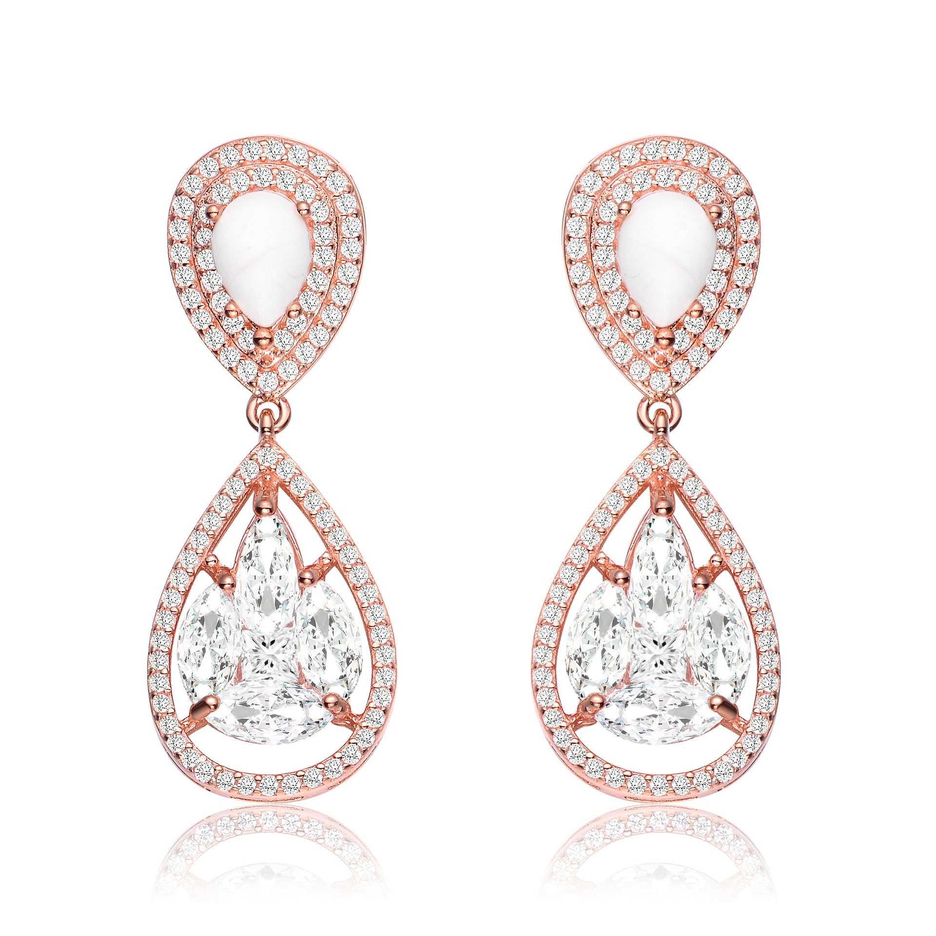 Sterling Silver Rose Gold Plated Howlite Cubic Zirconia Halo Drop Earrings