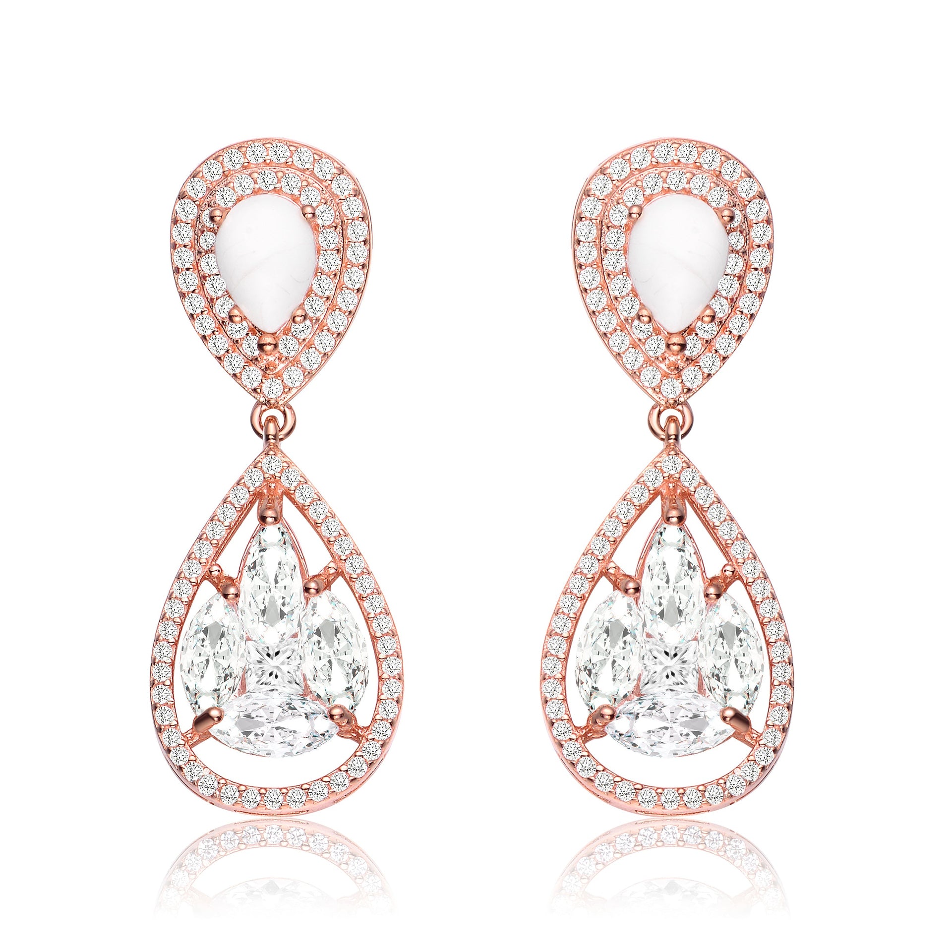 Sterling Silver Rose Gold Plated Howlite Cubic Zirconia Halo Drop Earrings