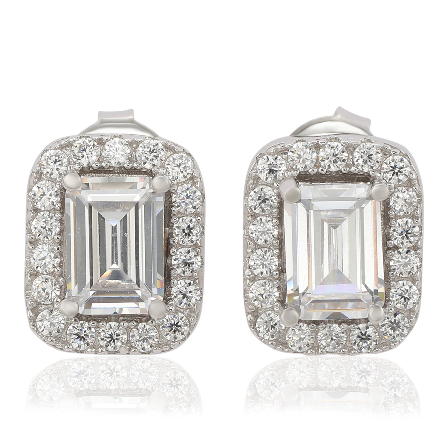 Suzy Levian Sterling Silver Cubic Zirconia Emerald Cut Halo Stud Earrings