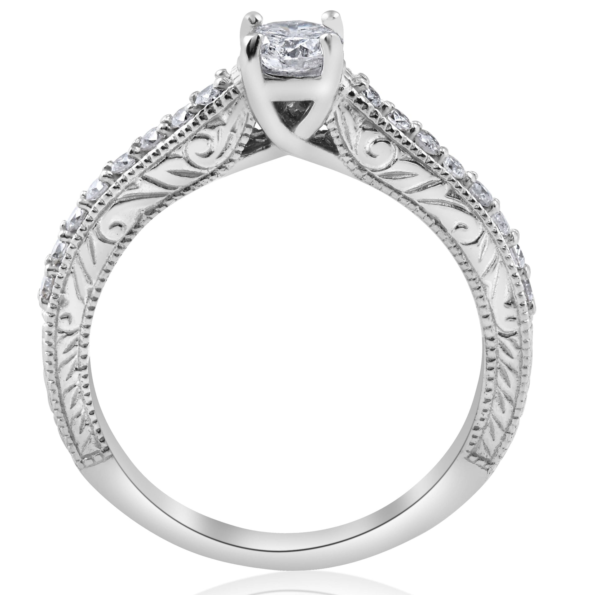 3/4 ct Vintage Diamond Engagement Hand Etched Ring 14K White Gold