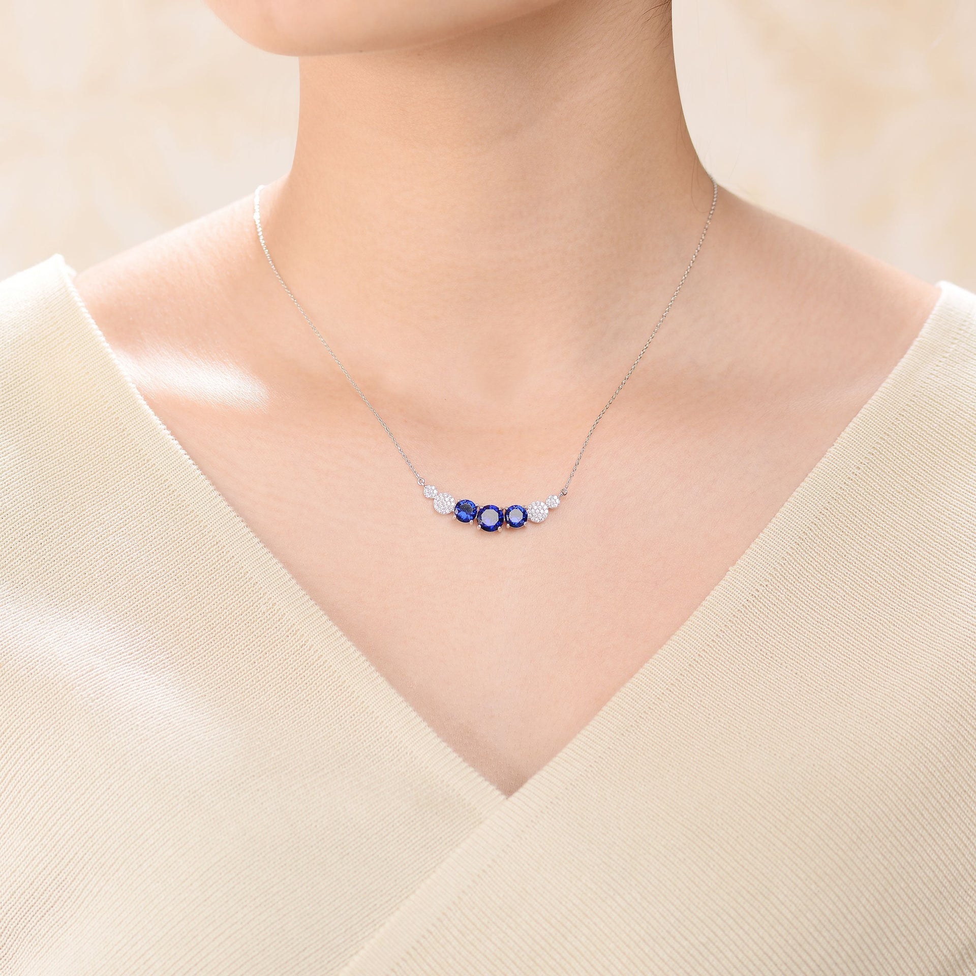 Sterling Silver with Blue Sapphire & Diamond Cubic Zirconia Chevron Pendant Necklace