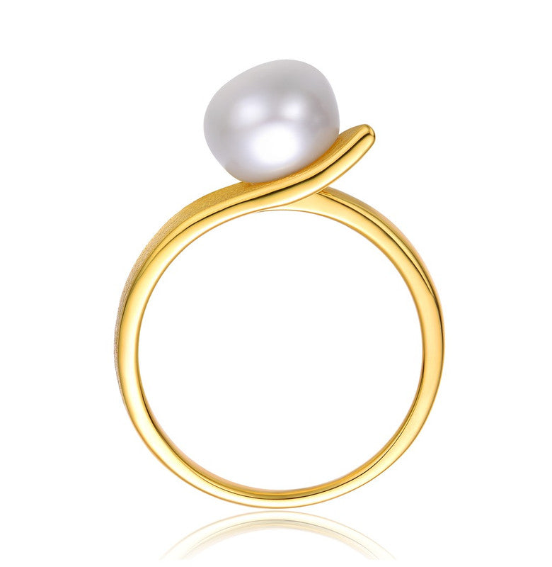 Sterling Silver 14k Yellow Gold Plated with Genuine Freshwater Pearl Linear Ring