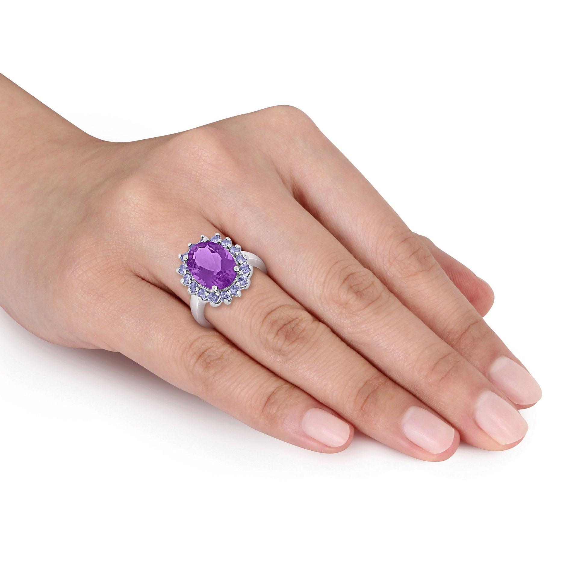 5 7/8 ct TW Oval Amethyst and Tanzanite Halo Cocktail Ring in Sterling Silver