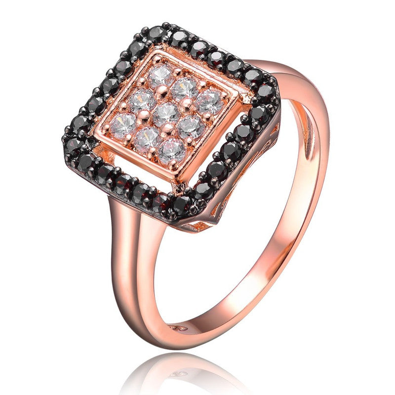 Sterling Silver 18k Rose Gold Plated with Black and Clear Cubic Zirconia Pave Ring