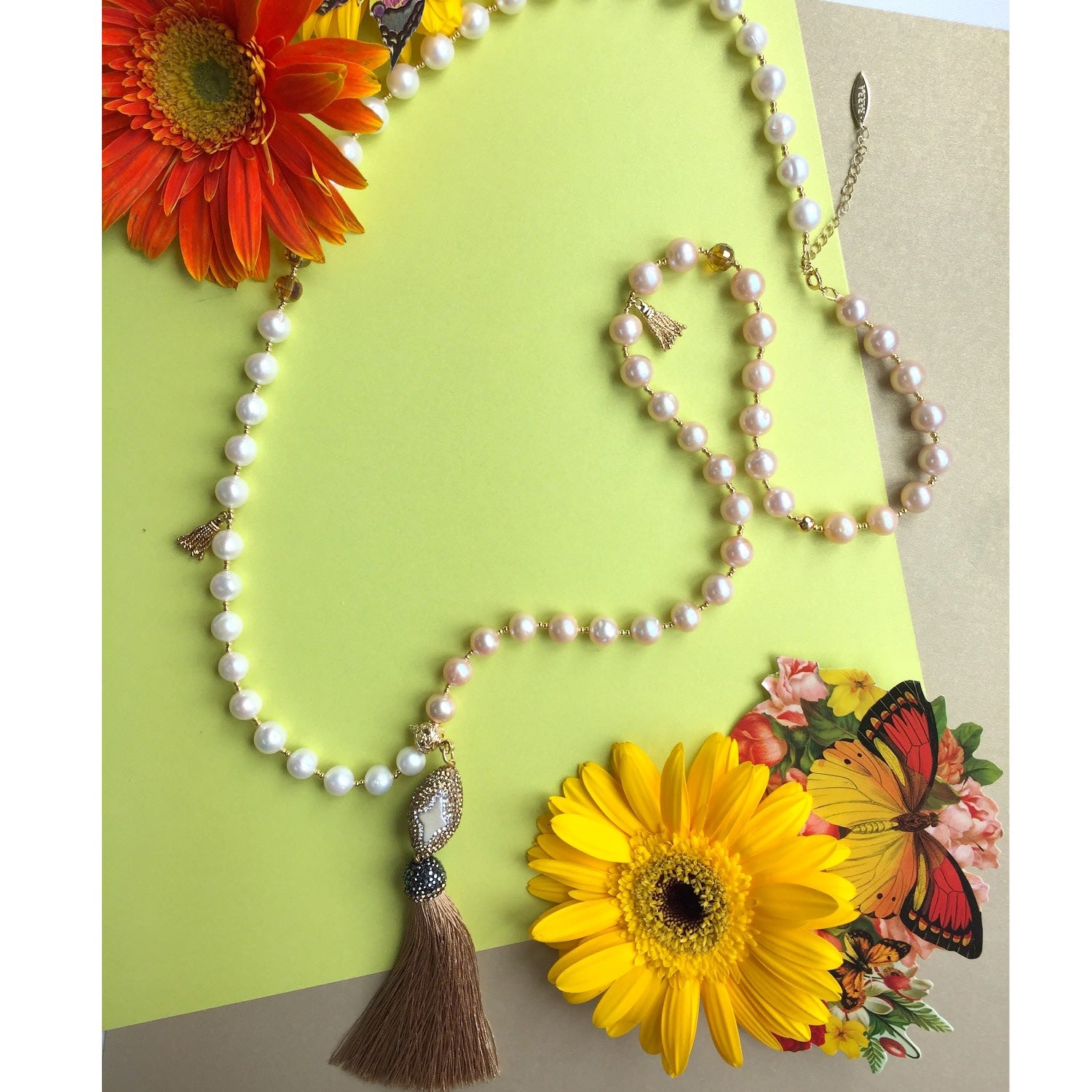 White & Orange Freswater Pearls With Rhinestone Tassel Multi-Way Necklace