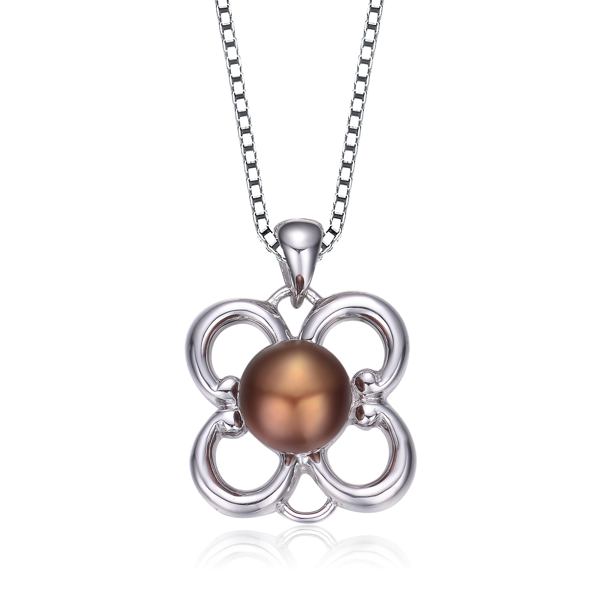 Sterling Silver Faux Brown Pearl Flower Shape Necklace