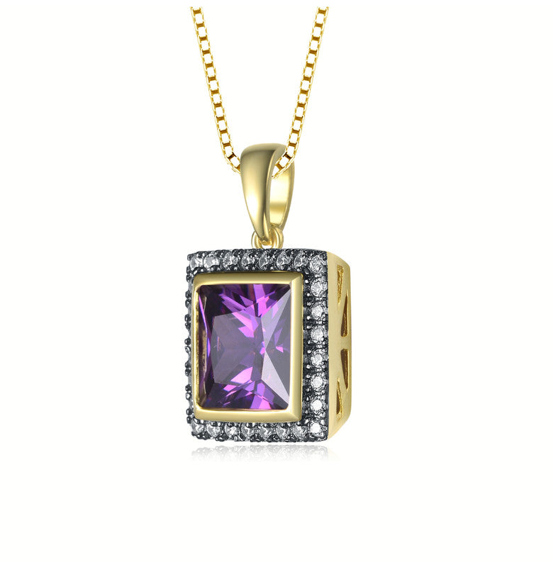 Yellow Gold Plated Square Purple Cubic Zirconia Pendant Necklace
