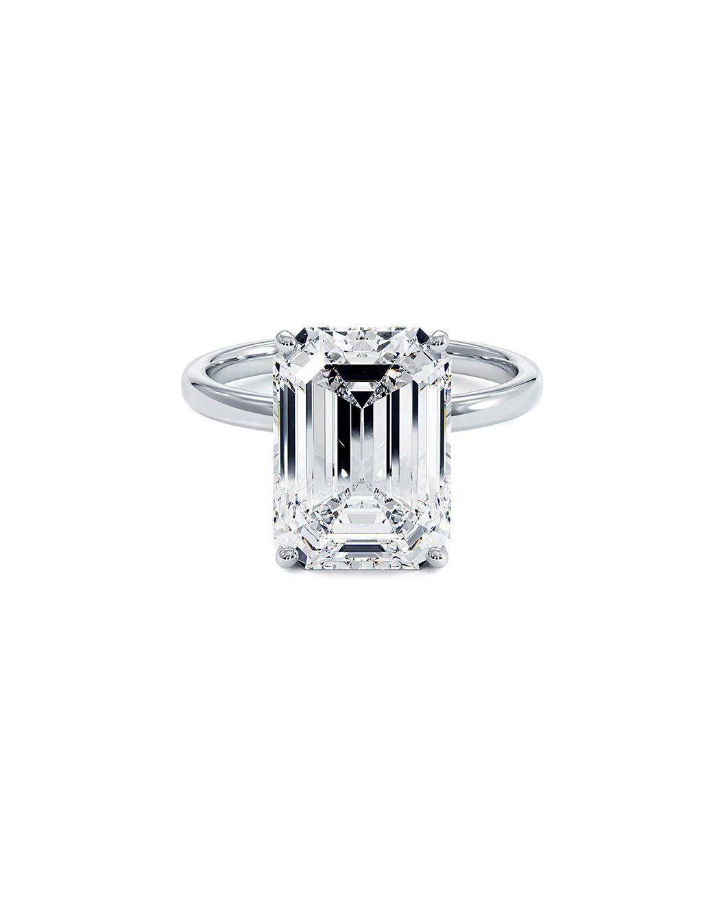 This Lab Grown Diamond Ring Features A 4.02 Carat Emerald Cut Center Lab Grown Diamond In G Color Vs2 Clarity. This Ring Is In 14 Karat White Gold.