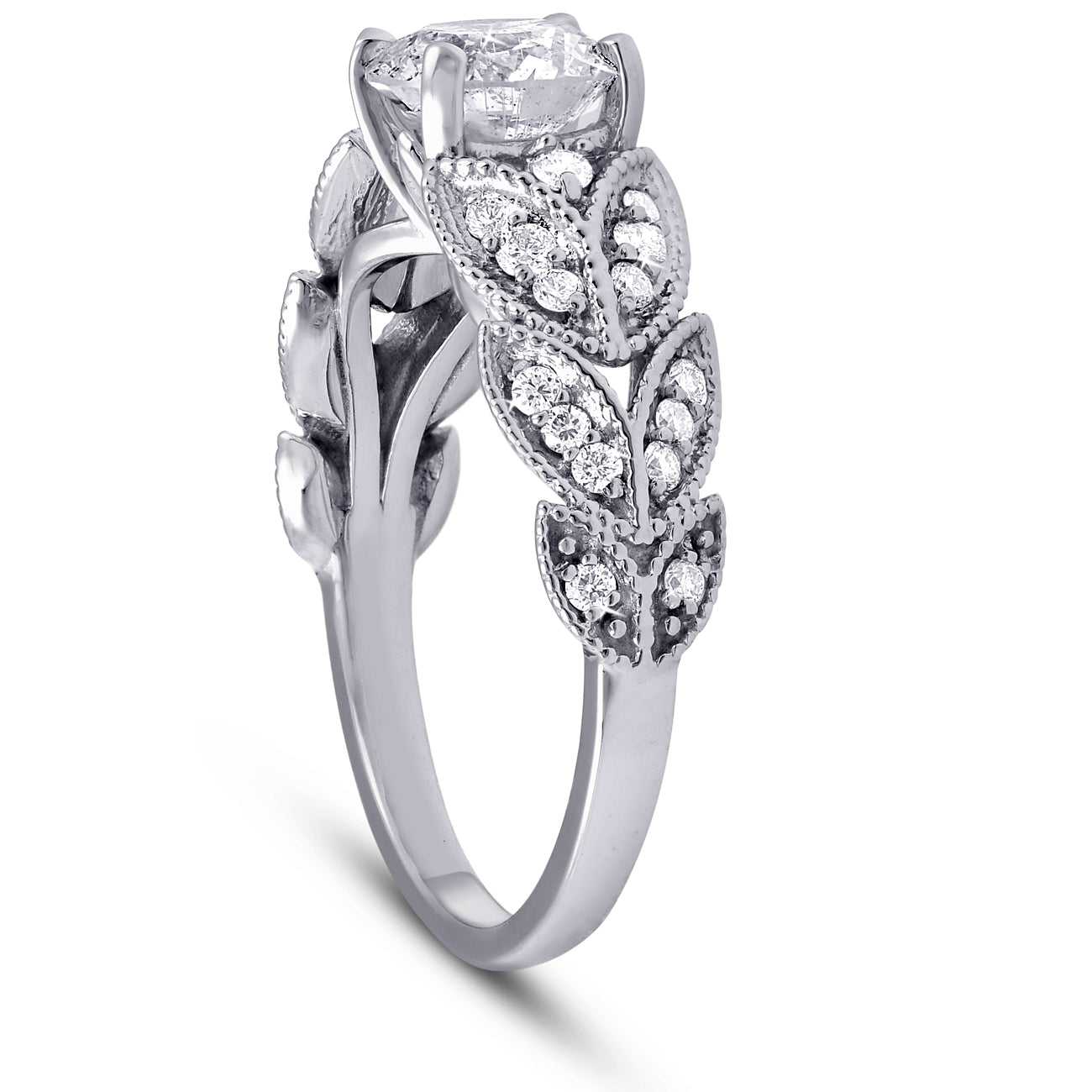 1ct Diamond Engagement Ring Vintage Petal Vine Leaf Band 14k White Gold