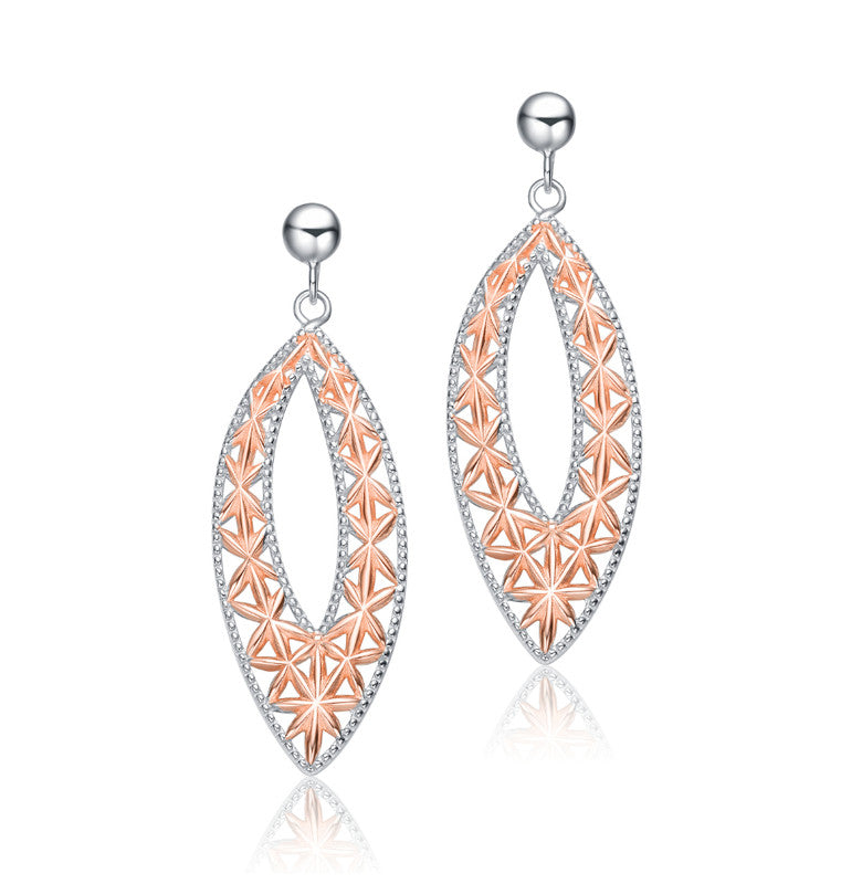 Sterling Silver Two-Tone Elongated Oval Dangling Earrings