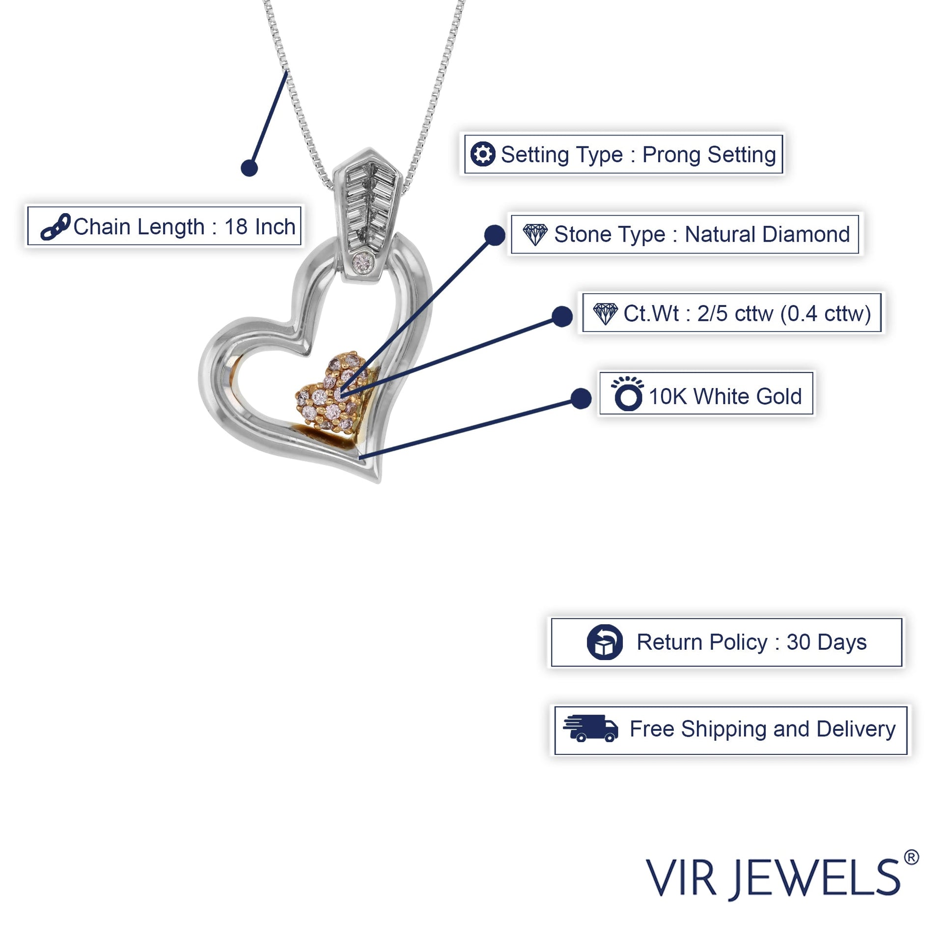 2/5 cttw Baguette Diamond Heart Pendant Necklace 10K Two Tone Gold with Chain