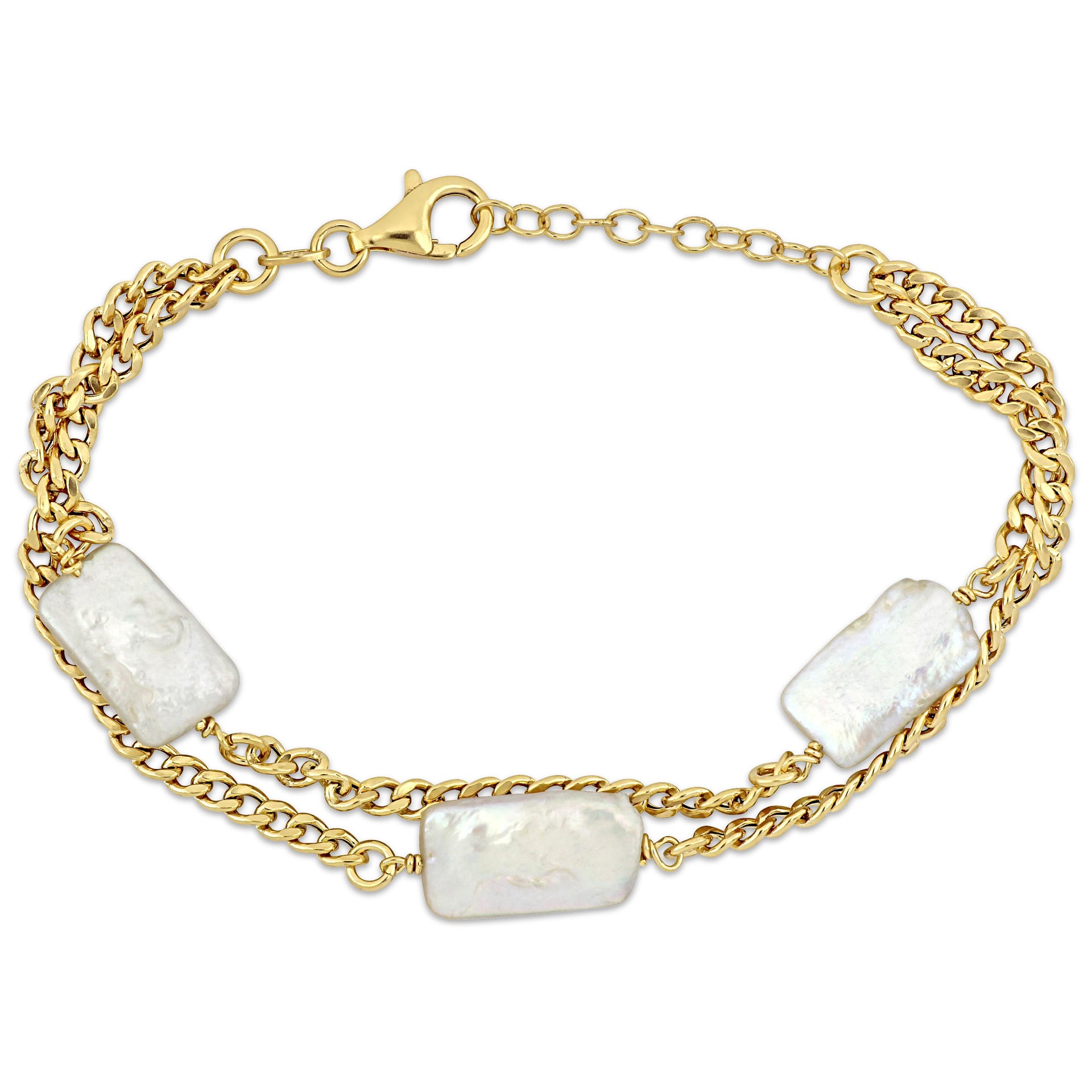 Mimi & Max 10x15.5mm Cultured Freshwater Rectangular Pearl Double Row Bracelet with Curb Chain in Yellow Plated Sterling Silver