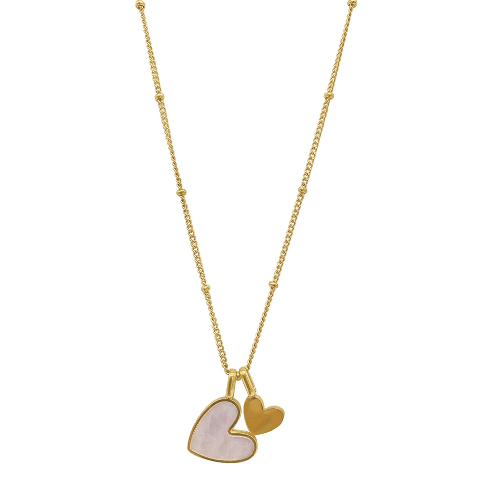 Tarnish Resistant 14k Gold Plated Mother Of Pearl Heart Charms Necklace