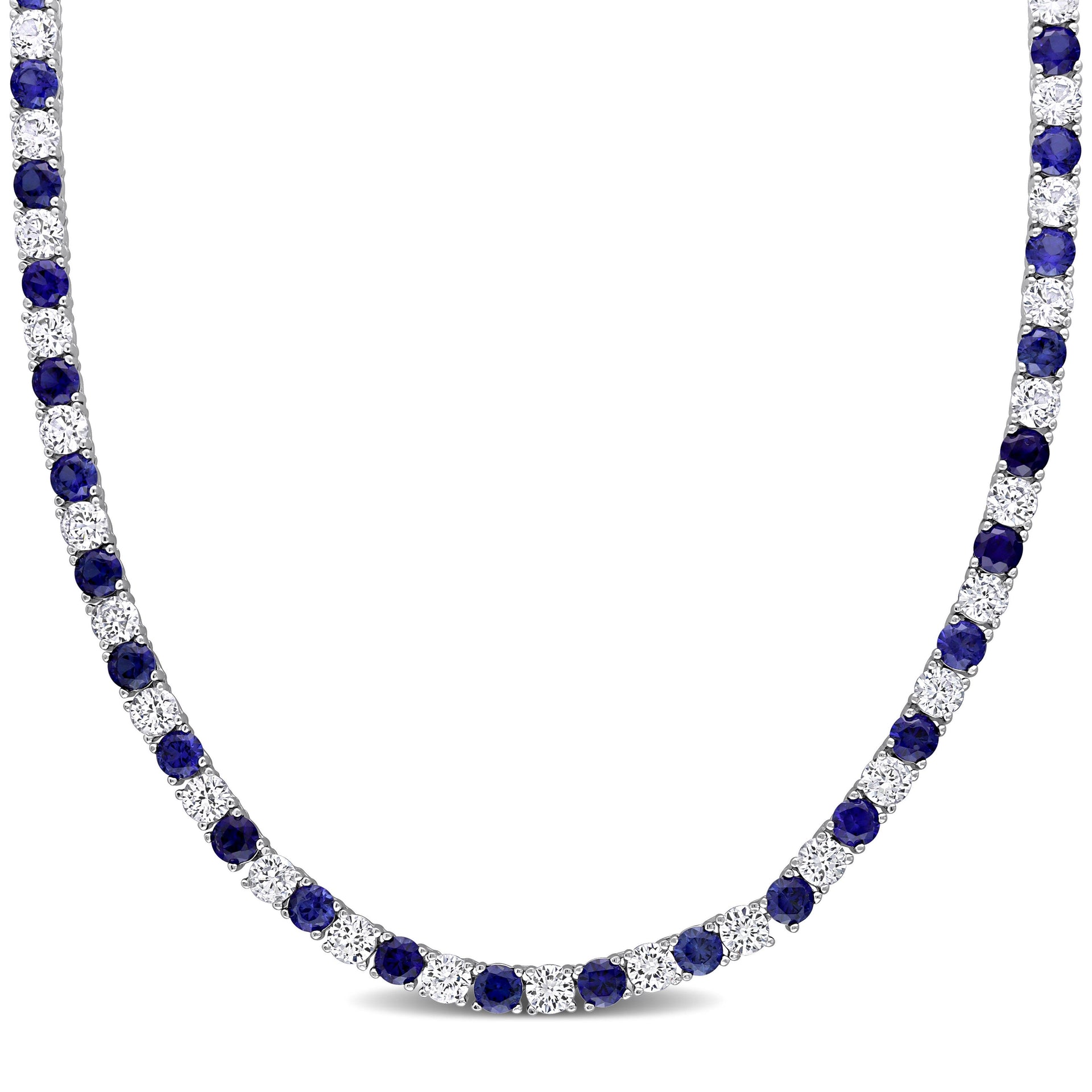33 CT TGW Created Blue and Created White Sapphire Tennis Necklace in Sterling Silver
