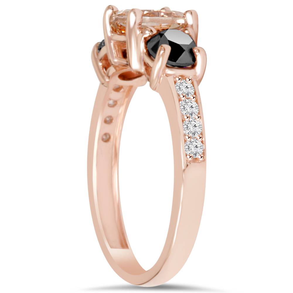 2.10Ct Morganite & Black Diamond Engagement 3-Stone Ring 14K Rose Gold