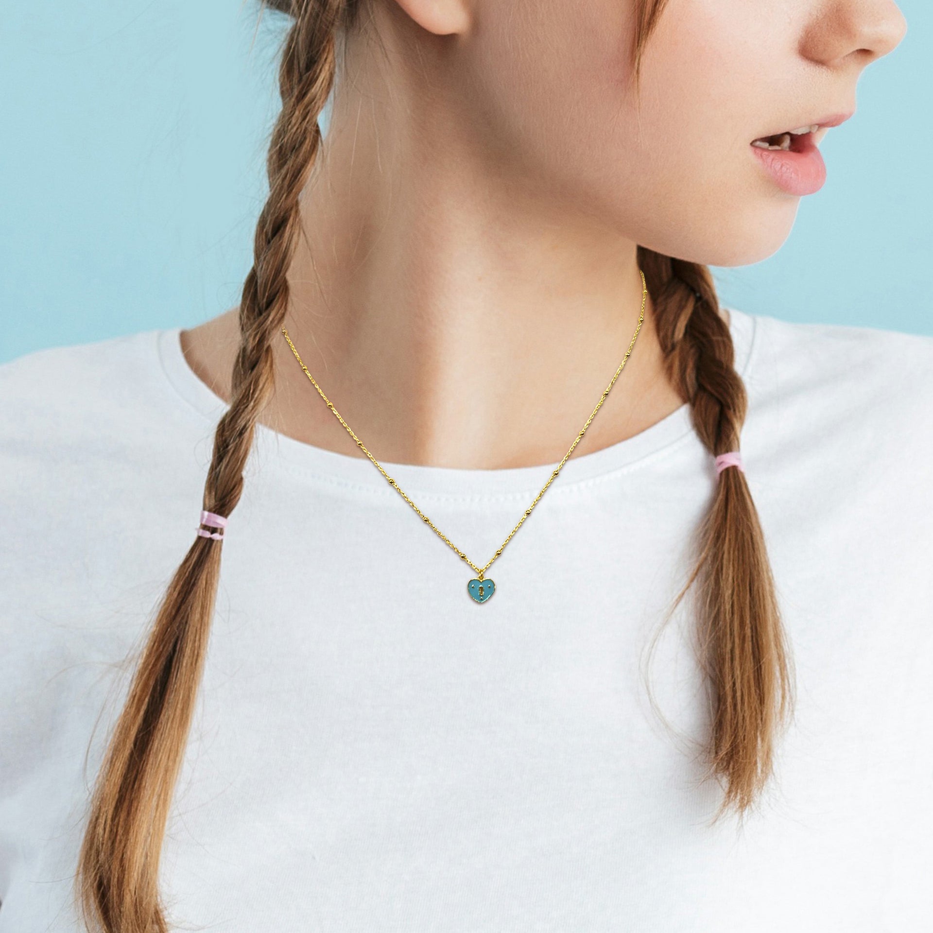 Mimi & Max Turquoise Enamel Heart Necklace on Diamond Cut Cable Chain w/ Ball Beads in Yellow Silver - 16.5+1 in.