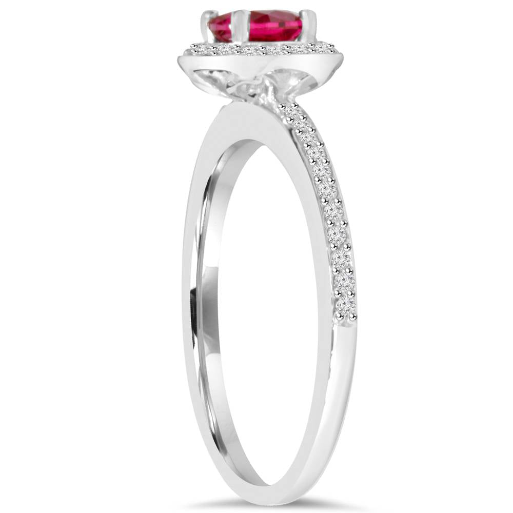 3/4ct Ruby Halo Diamond Pave Engagement Ring 14K White Gold