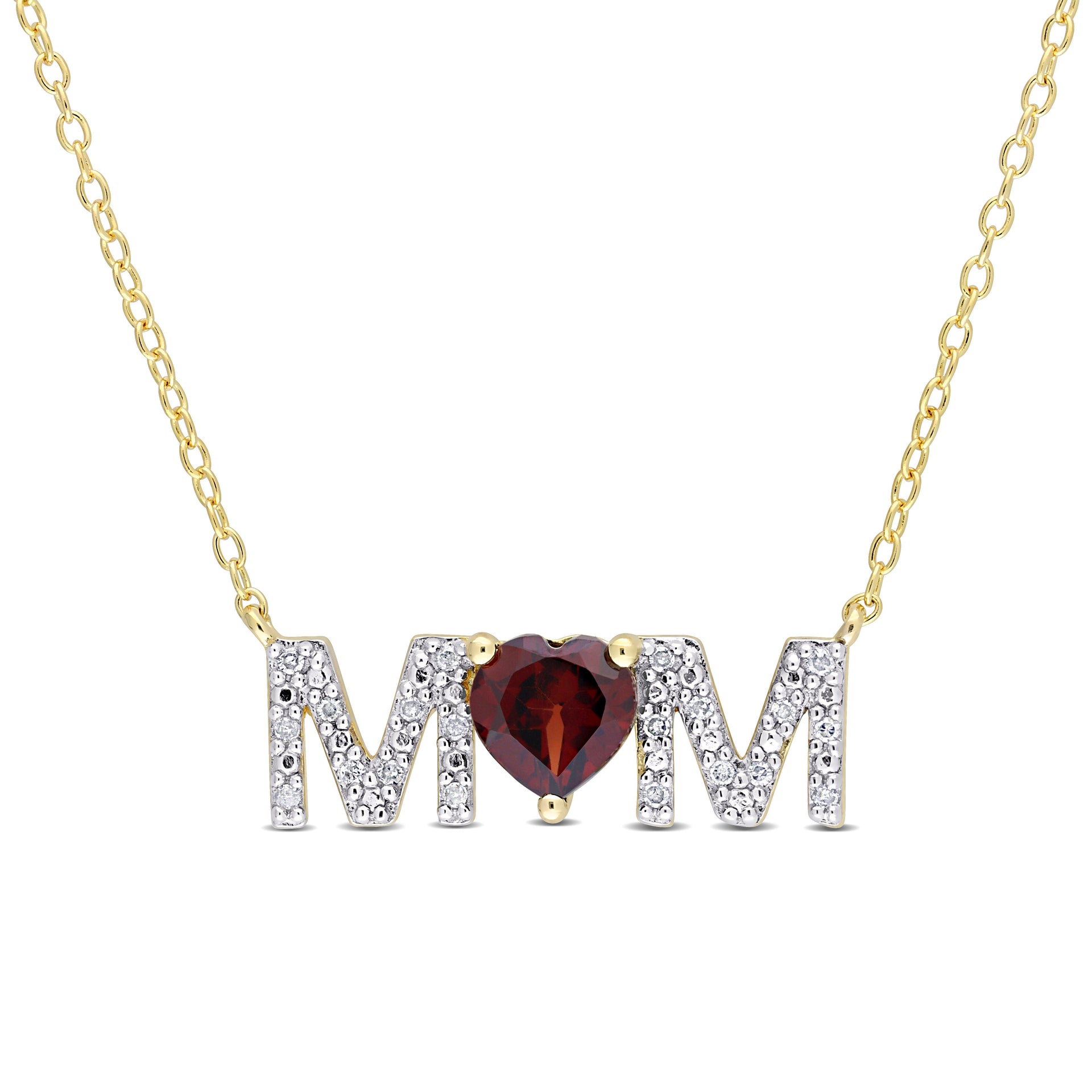 4/5 CT TGW Heart Garnet and 1/10 CT TDW Diamond 'MOM' Pendant with Chain in Yellow Plated Sterling Silver