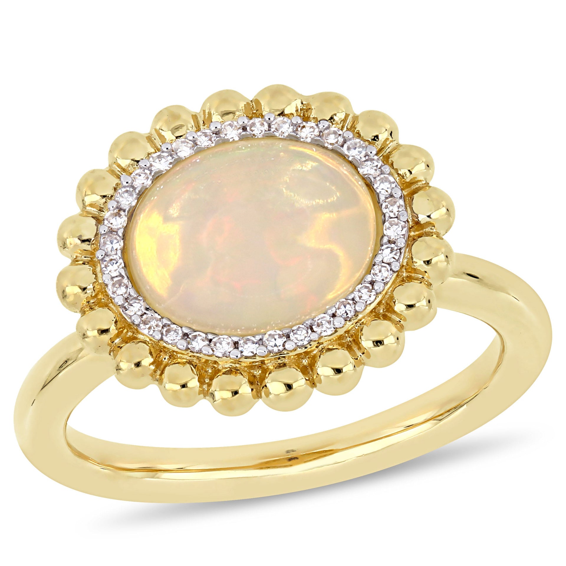 2 CT TGW Oval-Cut Yellow Ethiopian Opal and 1/10 CT TW Diamond Halo Ring in 14K Yellow Gold