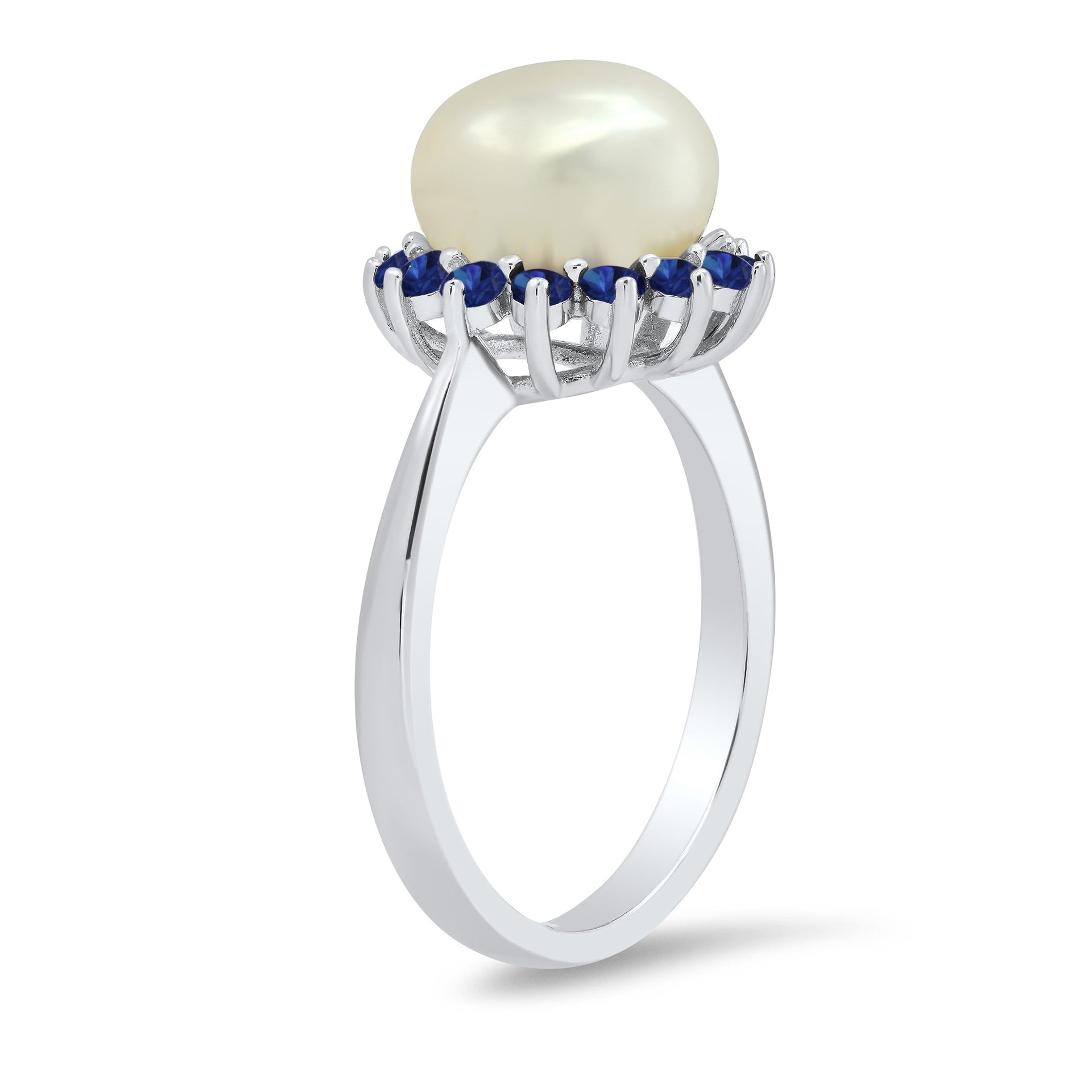 Sterling Silver 9MM Cultured Pearl and Created Blue Sapphire Ring Size 7