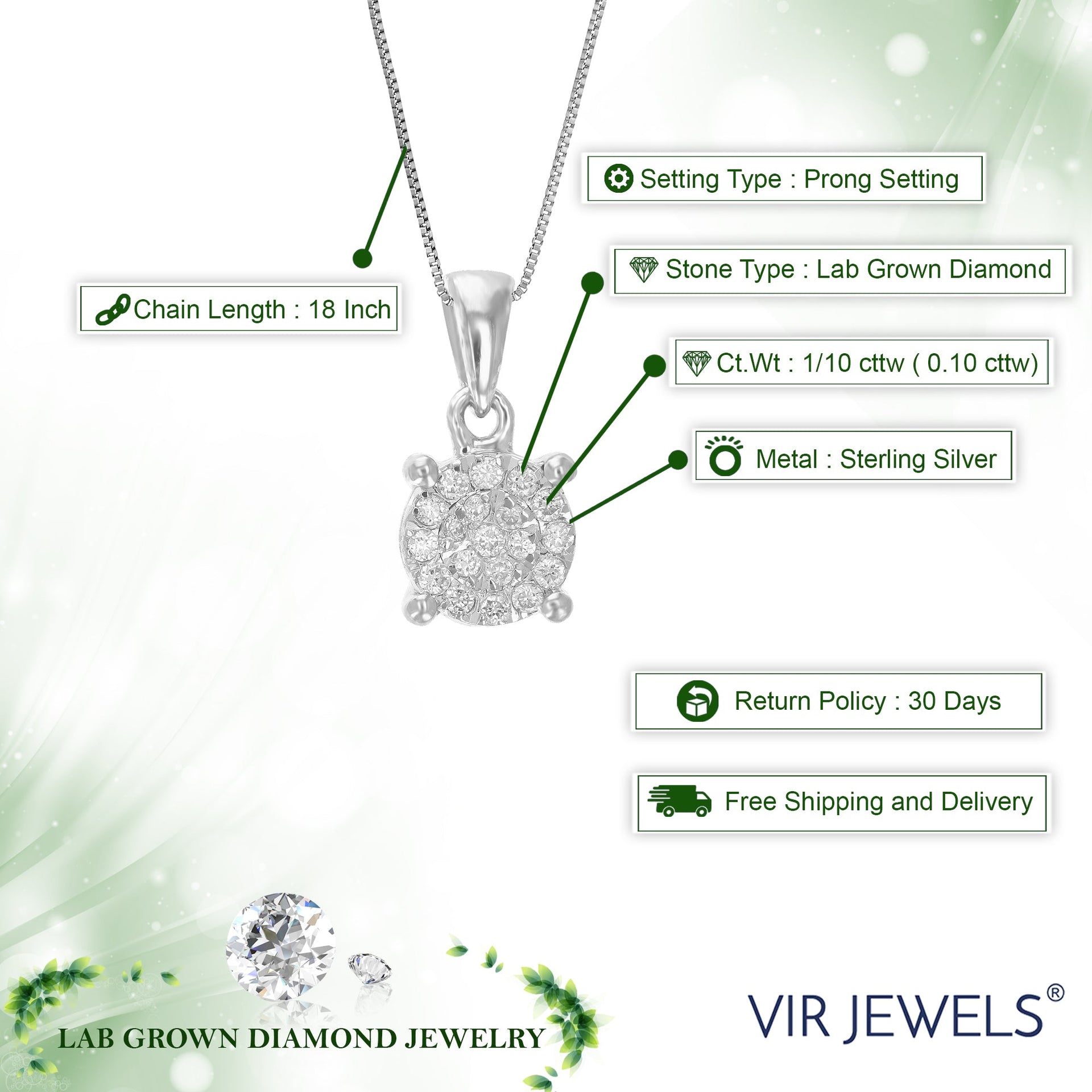 1/10 cttw Lab Grown Diamond Pendant Necklace .925 Sterling Silver For Women 1/4 Inch With 18 Inch Chain