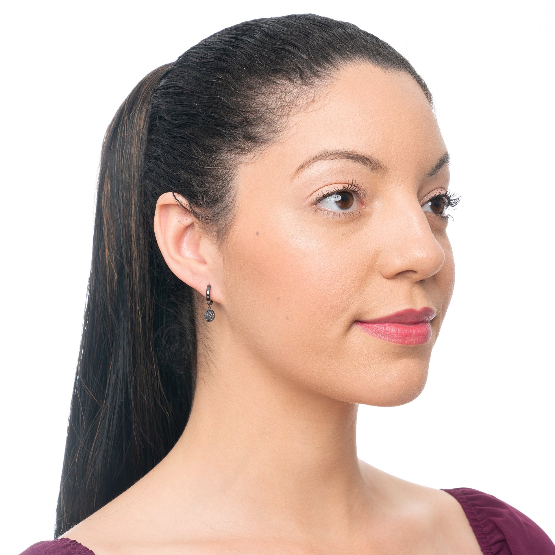 Real Black Diamond Round Disc Huggie Hoop Earrings in Sterling Silver