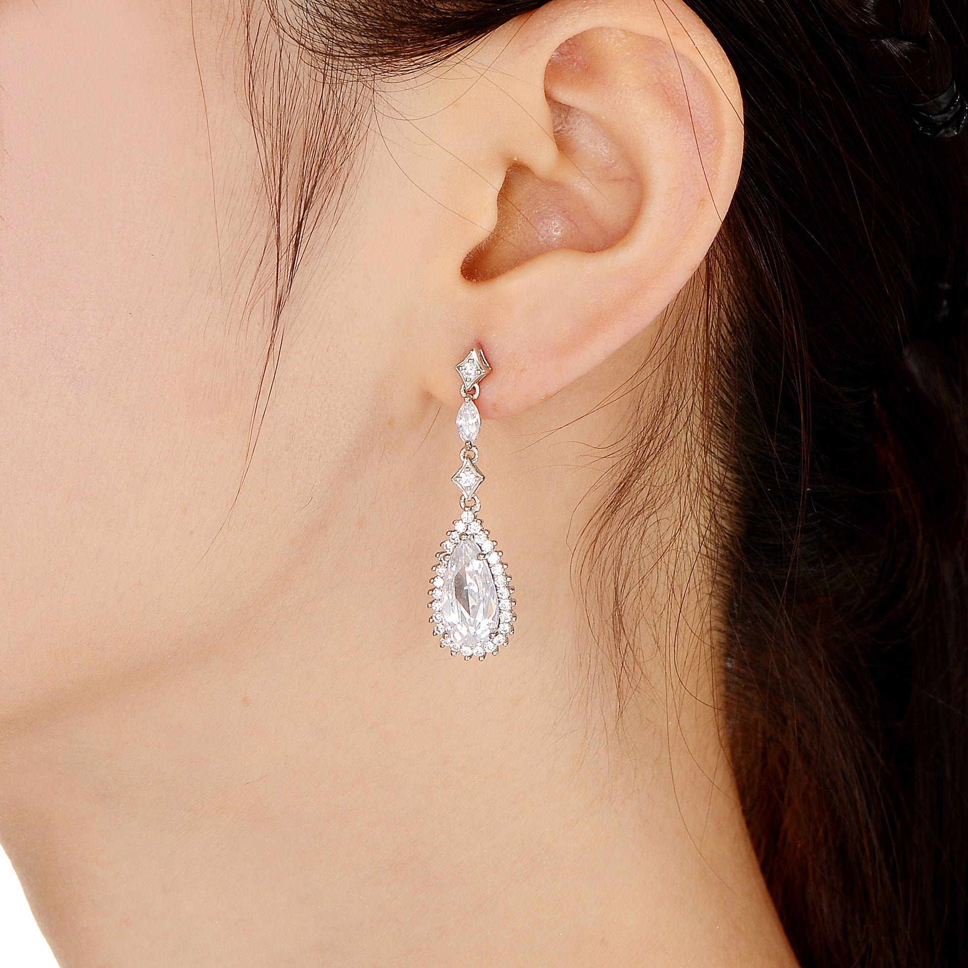 Sterling Silver Pear Drop Cubic Zirconia With Halo Burst Earrings
