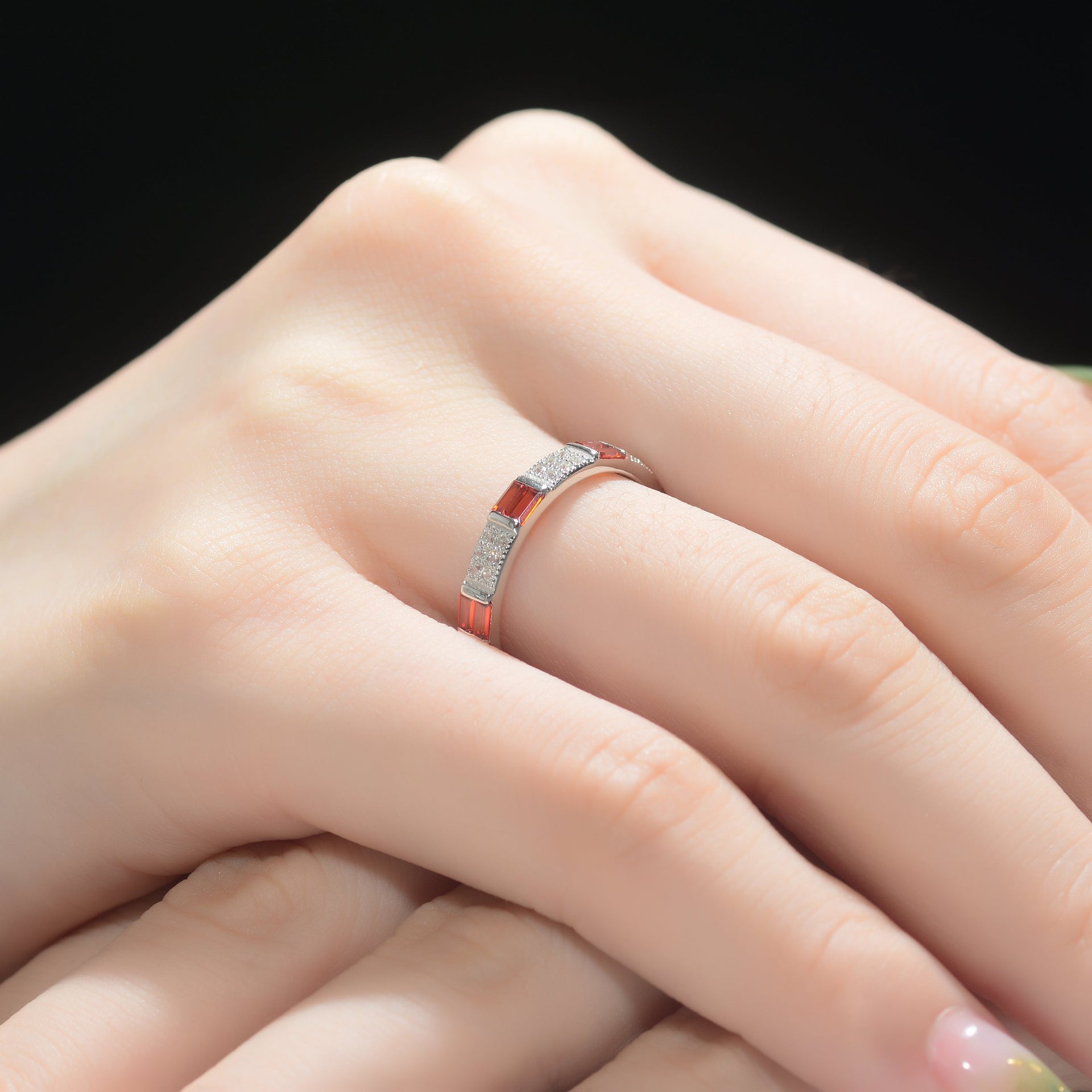 Ga Sterling Silver White Gold Plated With Ruby Baguette & Round Diamond Cubic Zirconia Eternity Wedding Band Stacking Ring