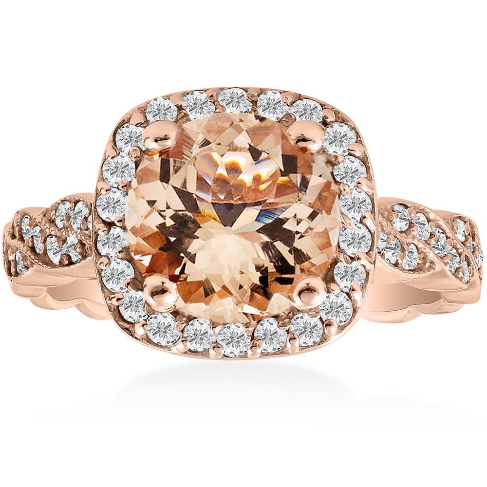 1 7/8 ct Morganite & Diamond Vintage Halo Infinity Ring 14K Rose Gold