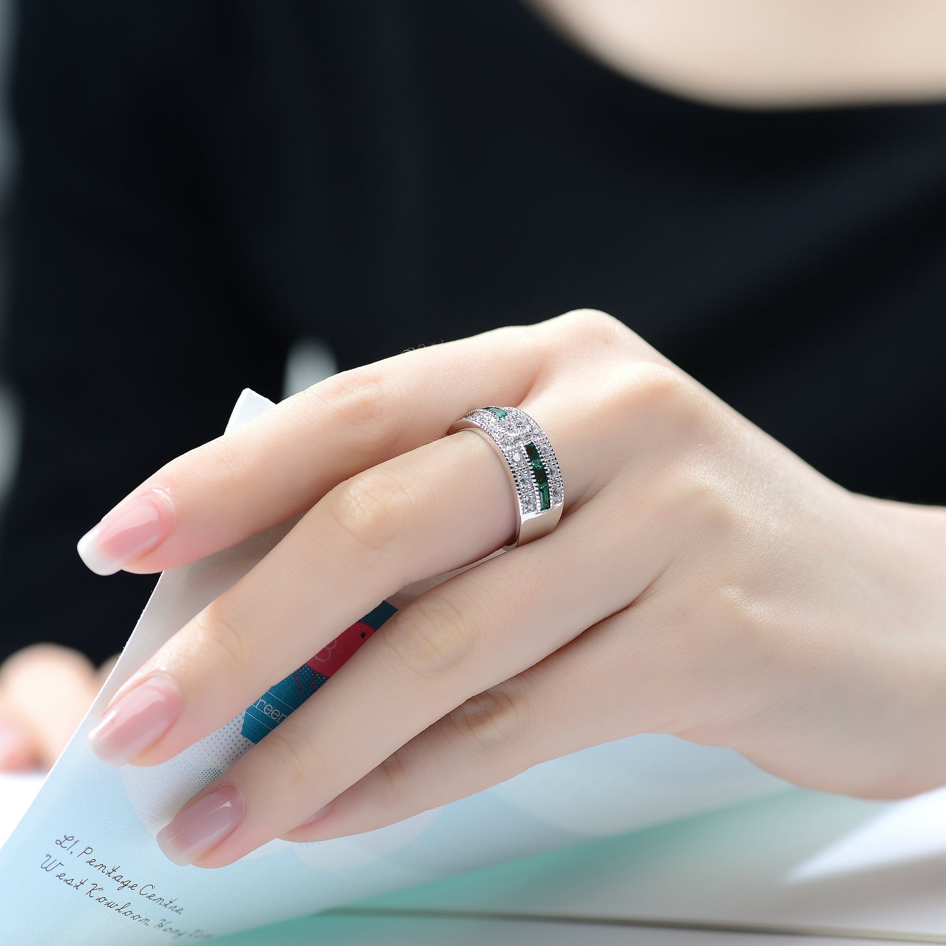 Sterling Silver Emerald Cubic Zirconia Pave Cocktail Ring