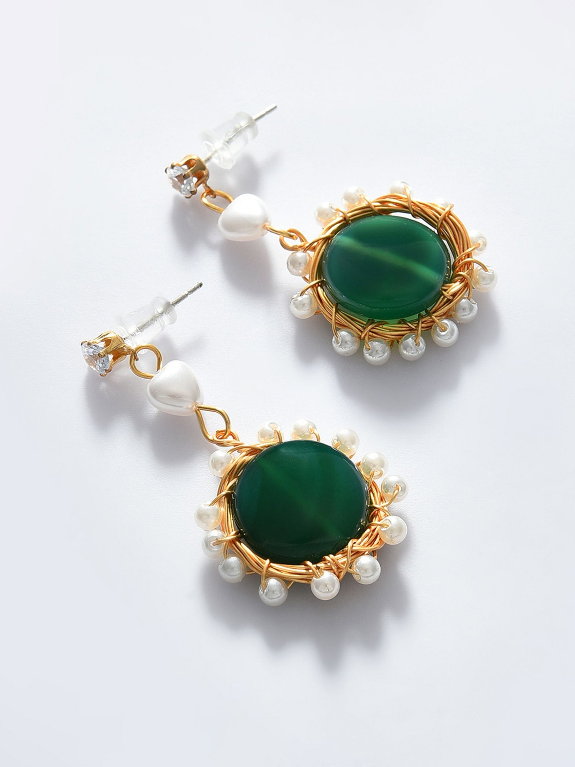Green Gold-toned Pearl Beaded Drop Earring