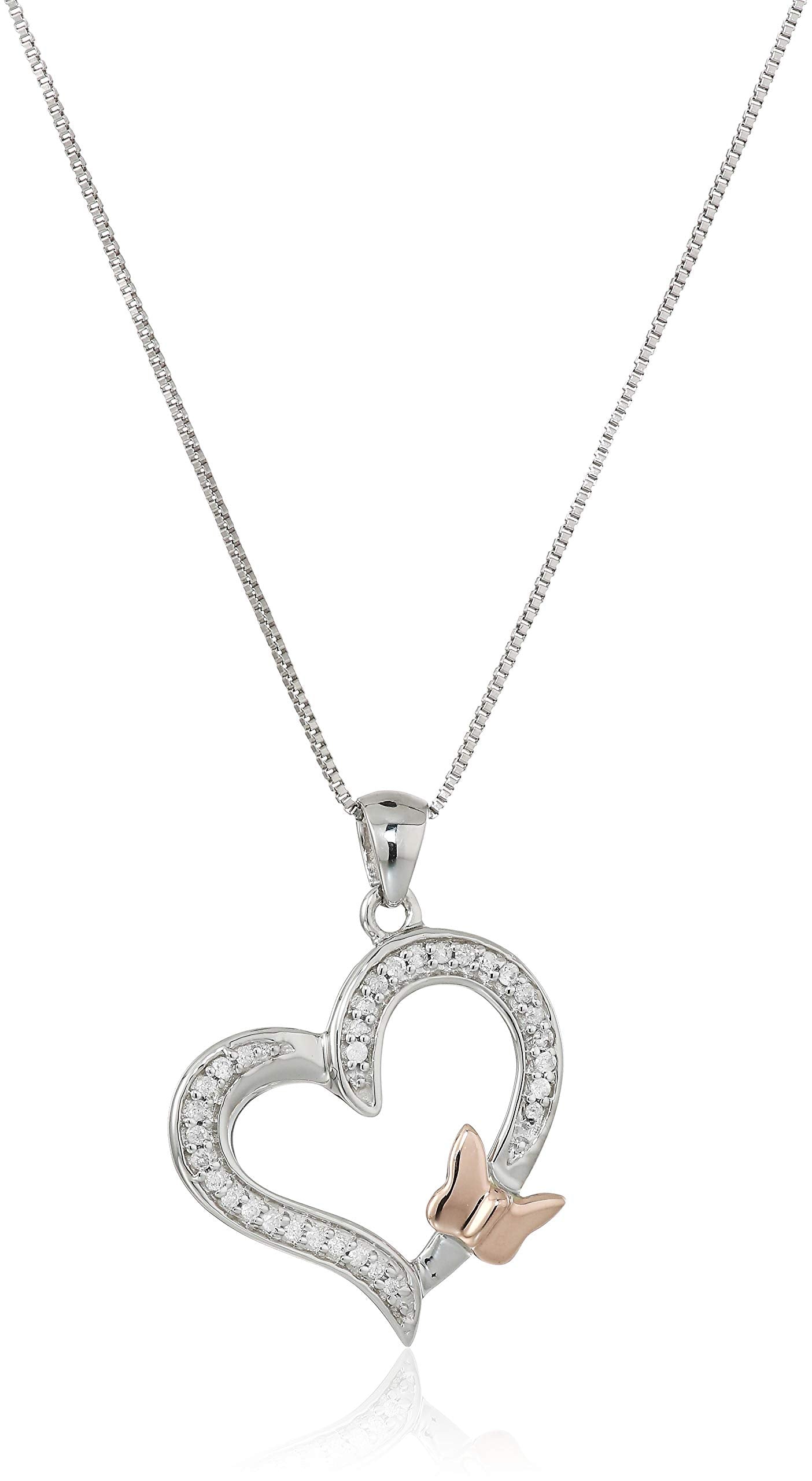 1/10 cttw Diamond Butterfly and Heart Pendant 14K White and Rose Gold with Chain