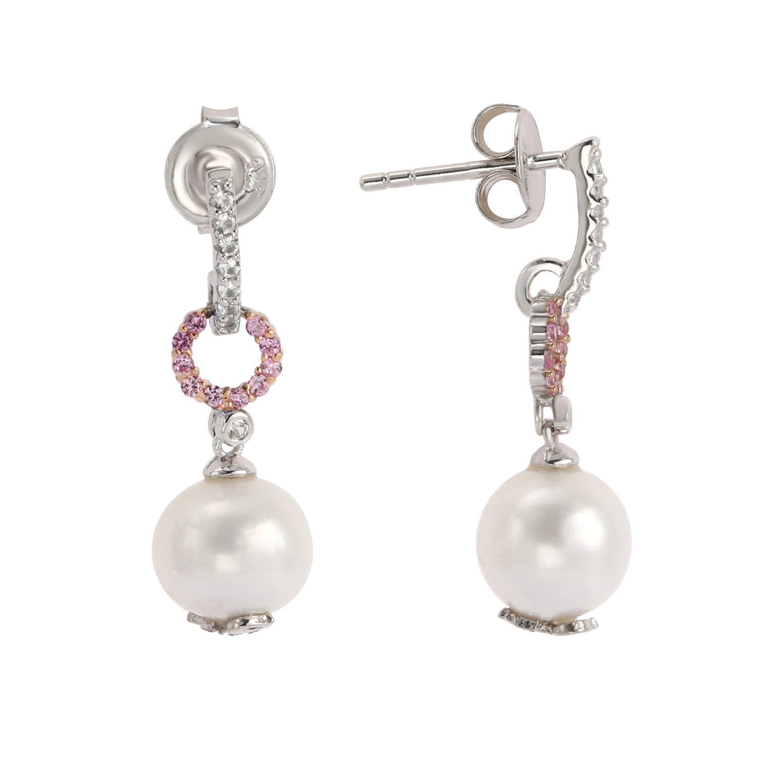 Suzy Levian Sterling Silver Pearl & Pink Sapphire Dangle Earrings