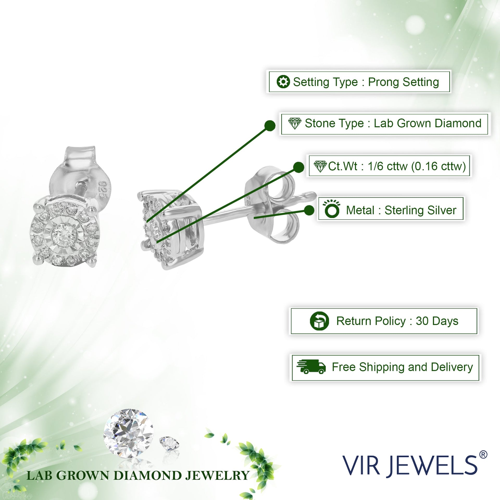 1/6 cttw Round Cut Lab Grown Diamond Stud Earrings Prong Set In 925 Sterling Silver