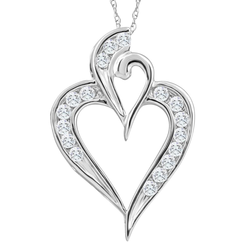 10K White Gold 1/2Ct TW Real Diamond Heart Pendant Necklace 1' Tall