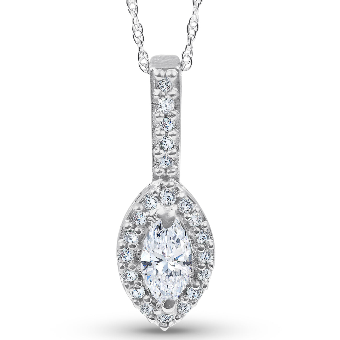 1/2 CT Fancy Marquise Pave Halo Diamond Solitaire Pendant 14K White Gold