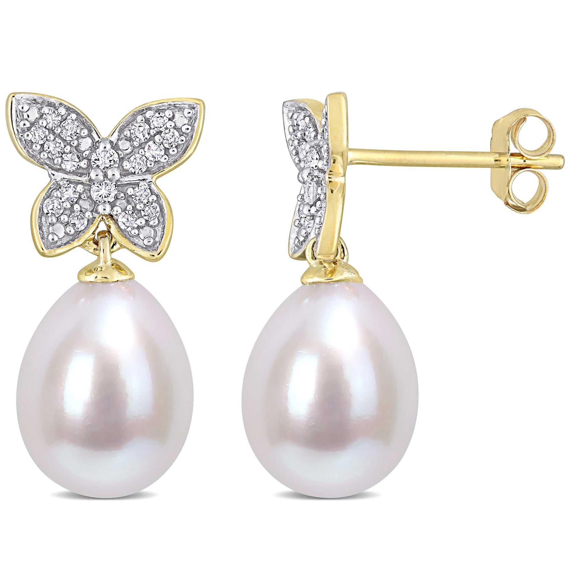 8.5-9 MM Freshwater Cultured Pearl and 1/8 CT TDW Diamond Butterfly Drop Earrings in 10k Yellow Gold