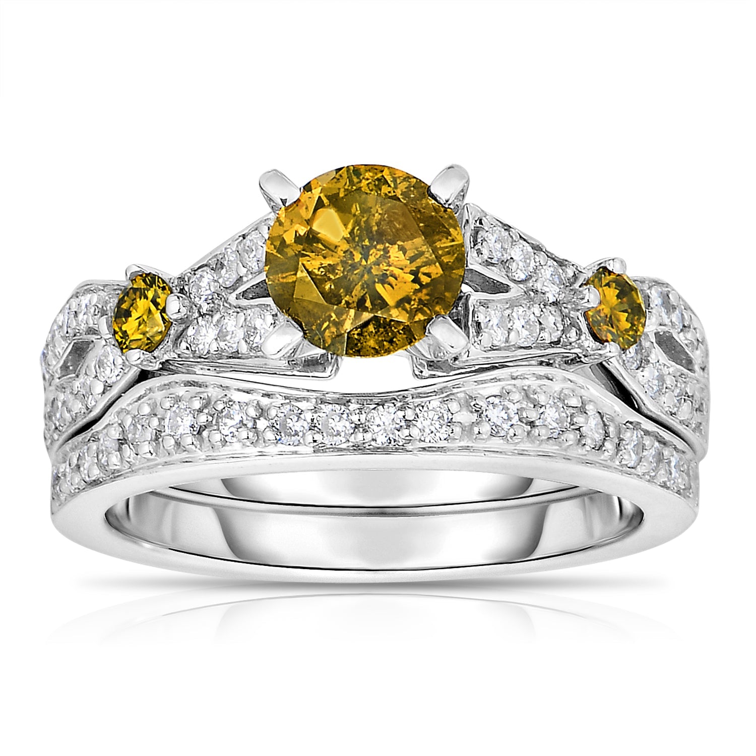 1.60 cttw 3 Stone Yellow and White Diamond Engagement Ring 14K White Gold